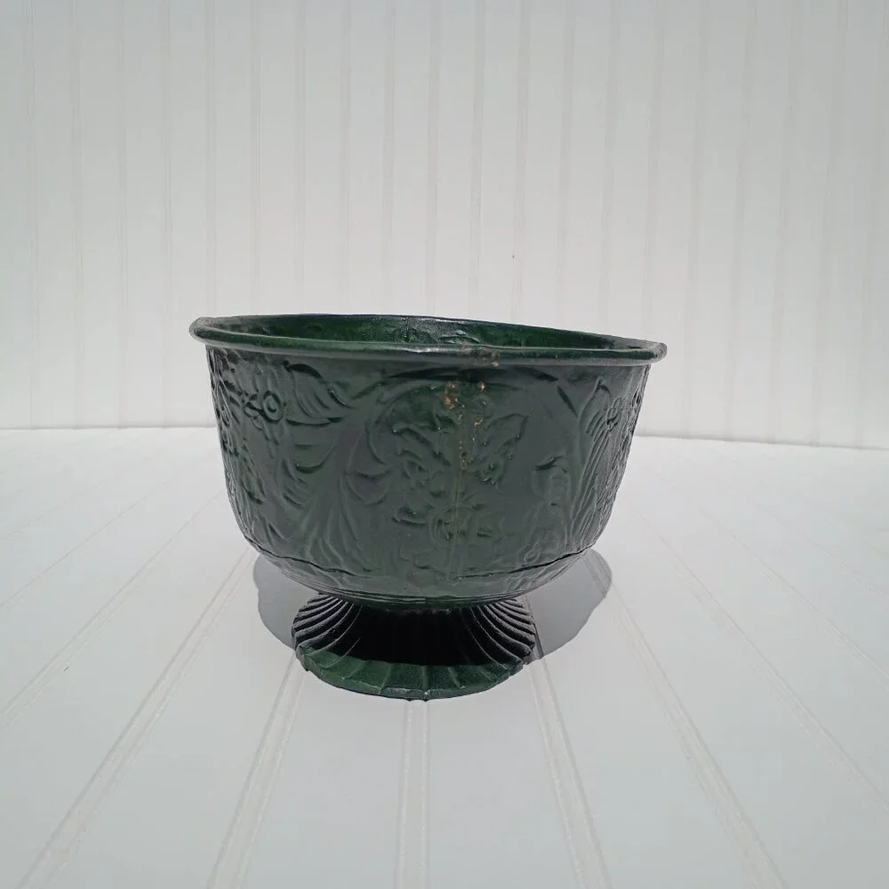 Vintage Floral Embossed Green Metal Oval Planter Cast Brass Pedestal Bowl MCM